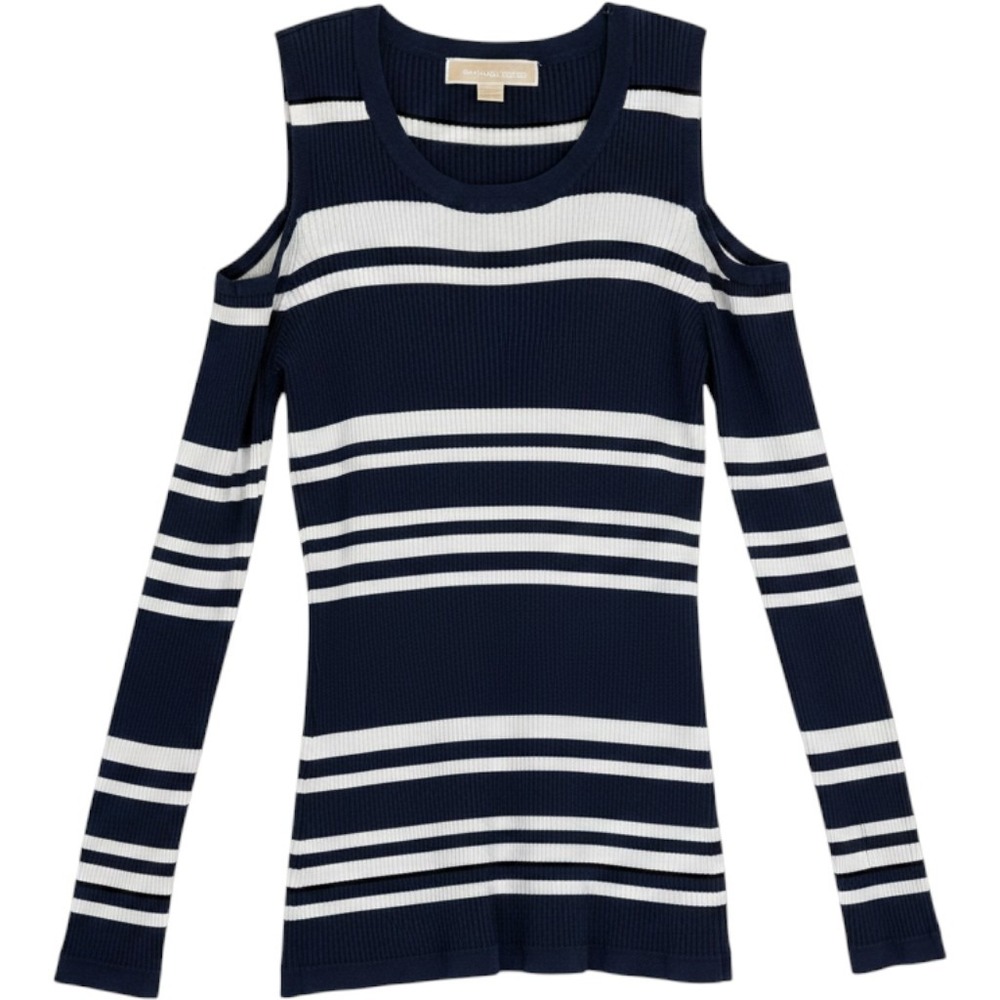 Michael Michael Kors Navy White Striped Cold Shoulder Ribbed Knit Sweater M